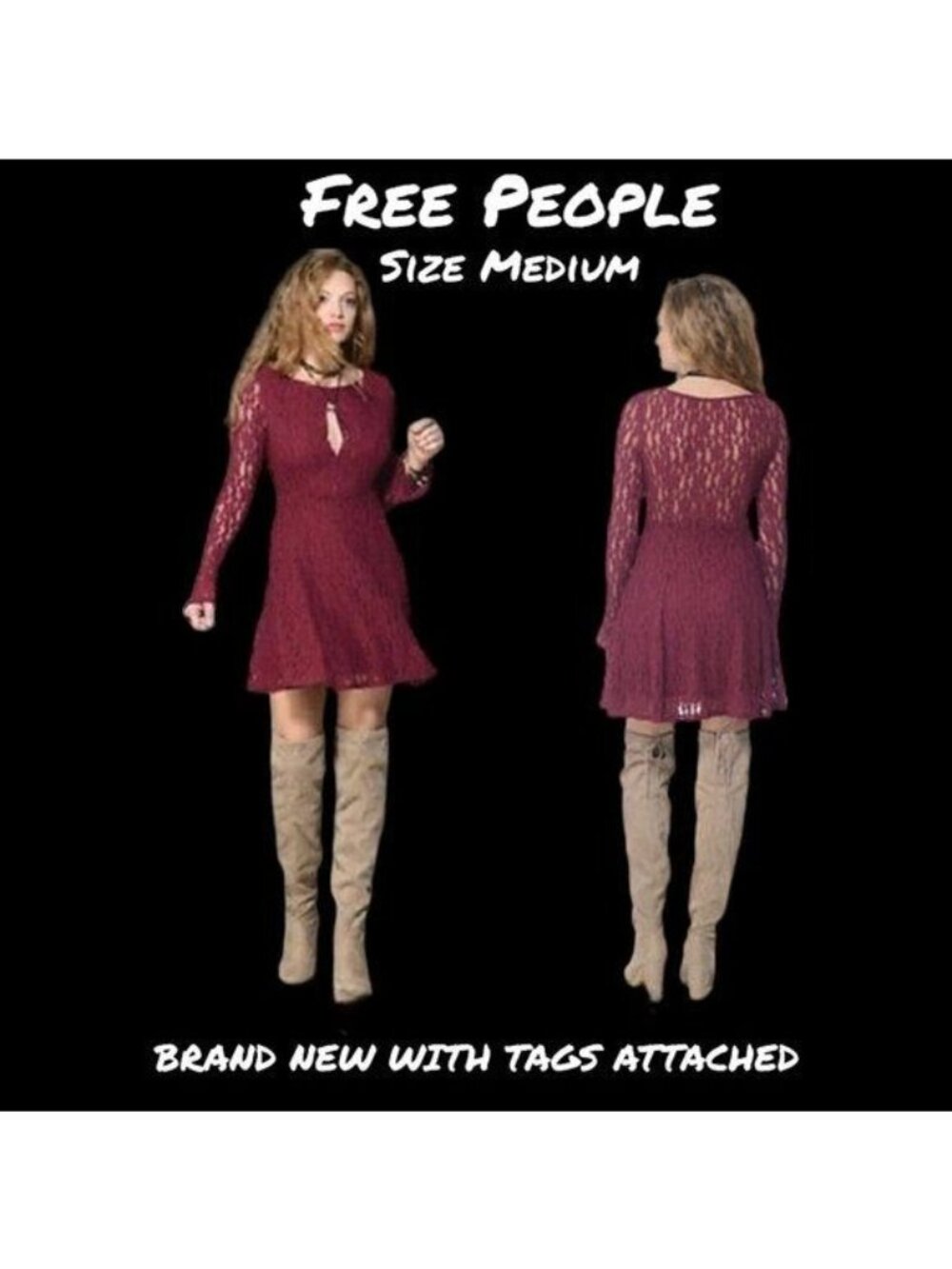 Free People Fit Flare Long Sleeve Lace Cutout Peasant Dress Medium New with Tag